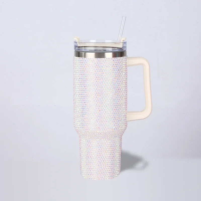 40oz Rhinestone Embellished Thermos Cup with Handle Tumbler Cup Coffee Insulated Bottle Car Vacuum Flasks Keep Cold And Ice
