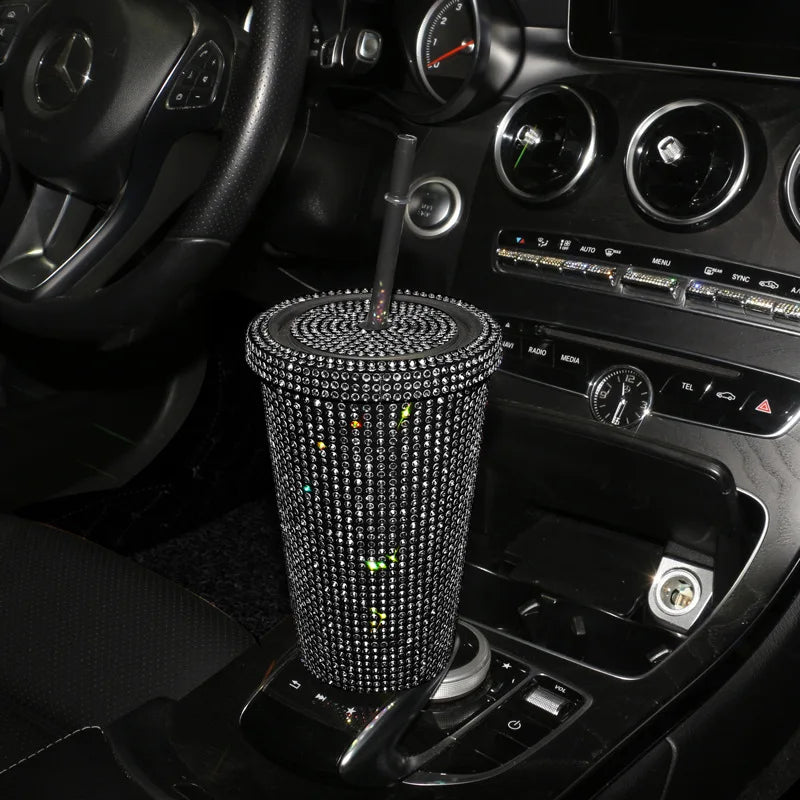 Bling Rhinestones Plastic Tumbler Cup with Lid Sparkling Diamond Straw Water Bottle Car Coffee Cup Mug 450ml