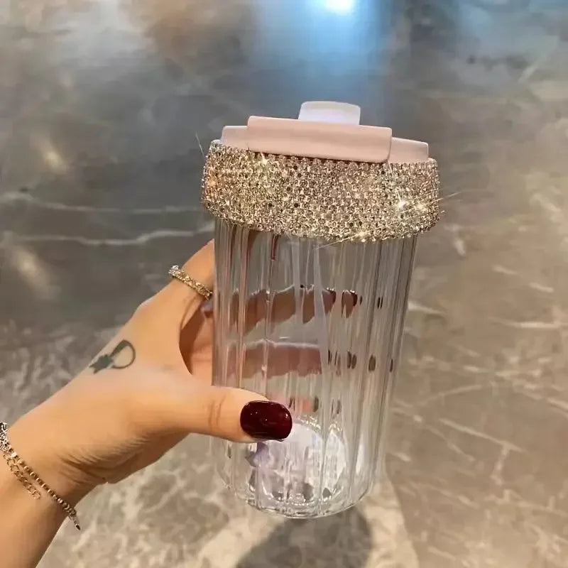 Bling Rhinestone Transparent Glass Cup With Lid Straw Coffee Mug 500ML Portable Water Bottle Milk Juice Drinkware Water Cup Gift