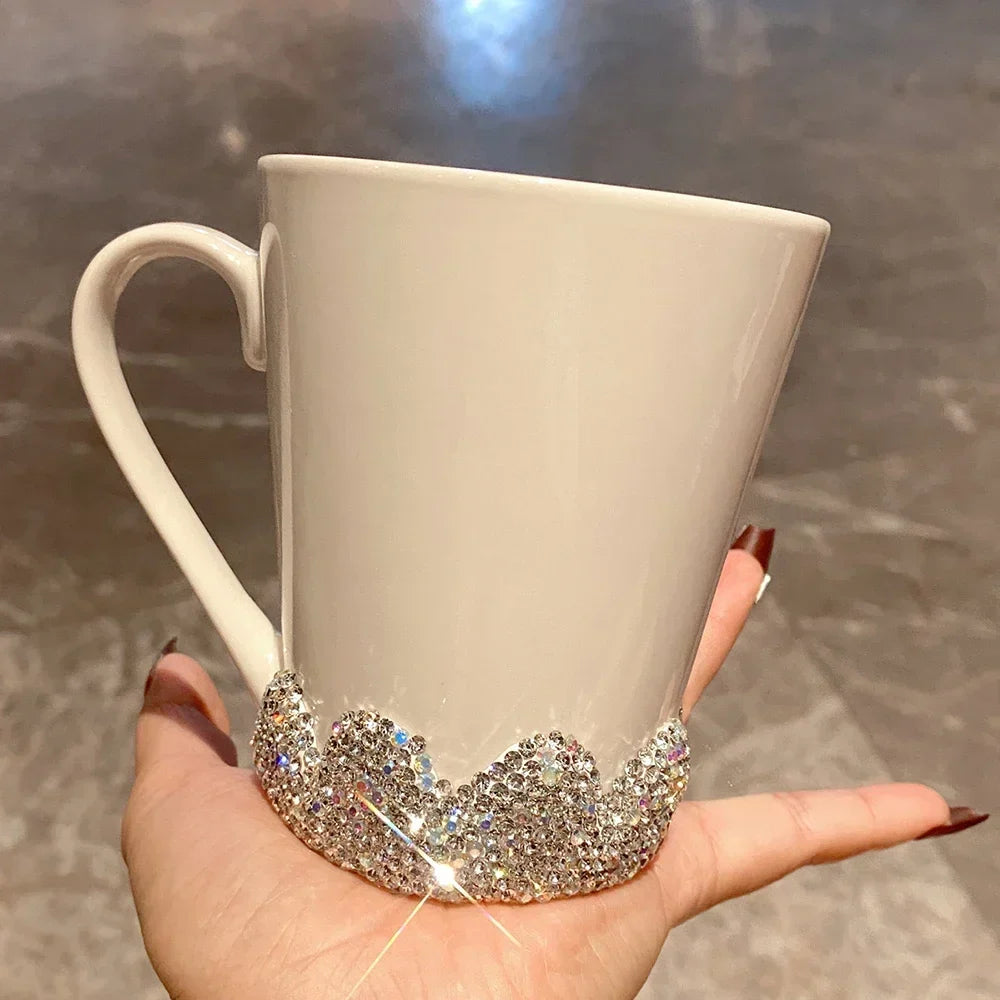 300ml Sparkling Rhinestone Ceramic Coffee Mug Handle Cup Coffee Cups Tumbler Tea Milk Mug Luxury Water Bottle Bling Lover's Gift