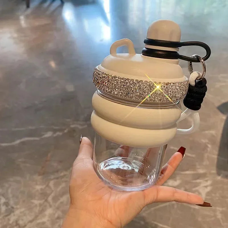 Portable Water Bottle Bling Rhinestone Lifting Rope Handheld Direct Drinking Coffee Mug Home Plastic Juice Beverage Cup 500ml
