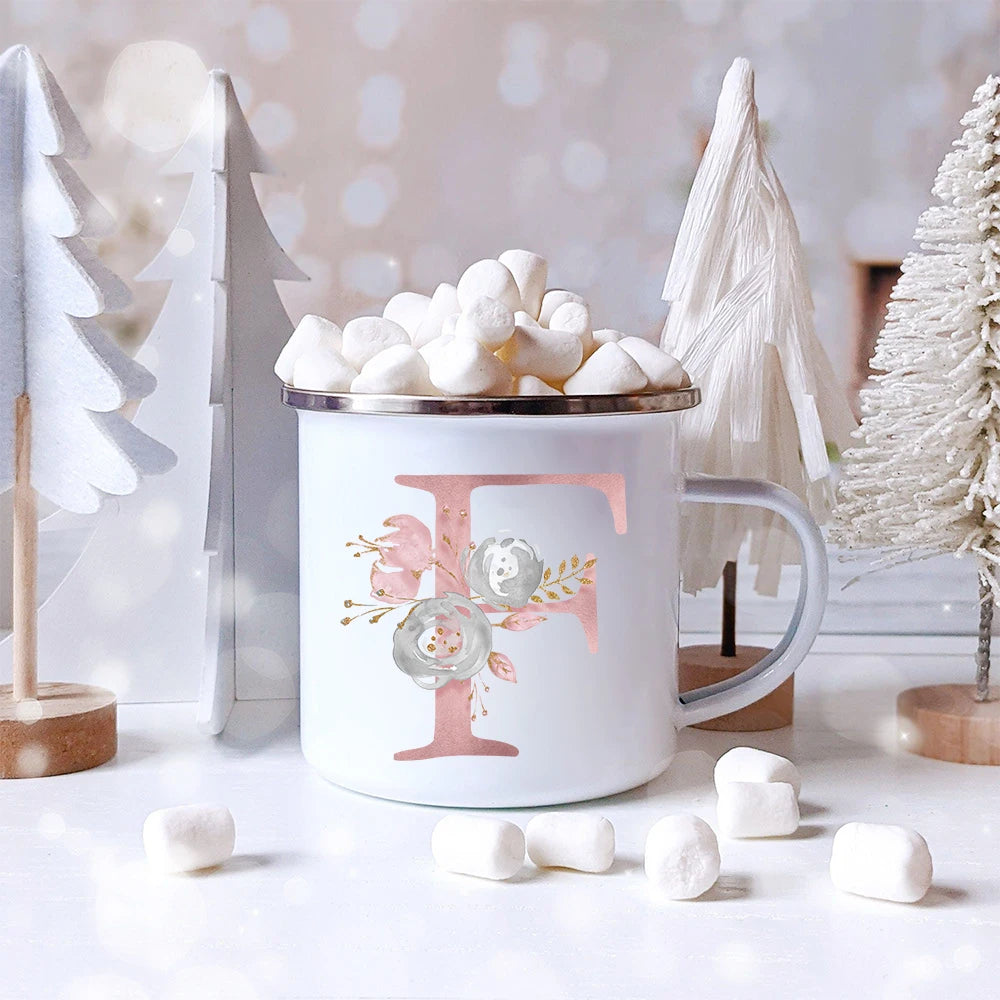 Pink Letter Flowers Enamel Coffee Mugs