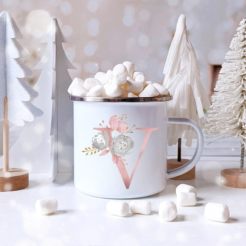 Pink Letter Flowers Enamel Coffee Mugs