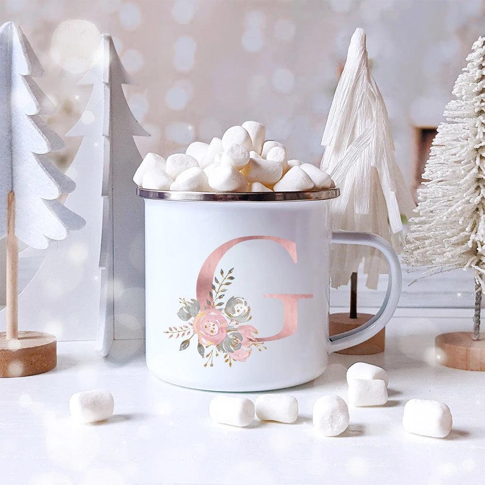 Pink Letter Flowers Enamel Coffee Mugs