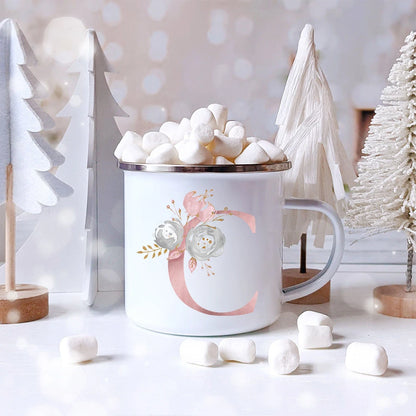 Pink Letter Flowers Enamel Coffee Mugs