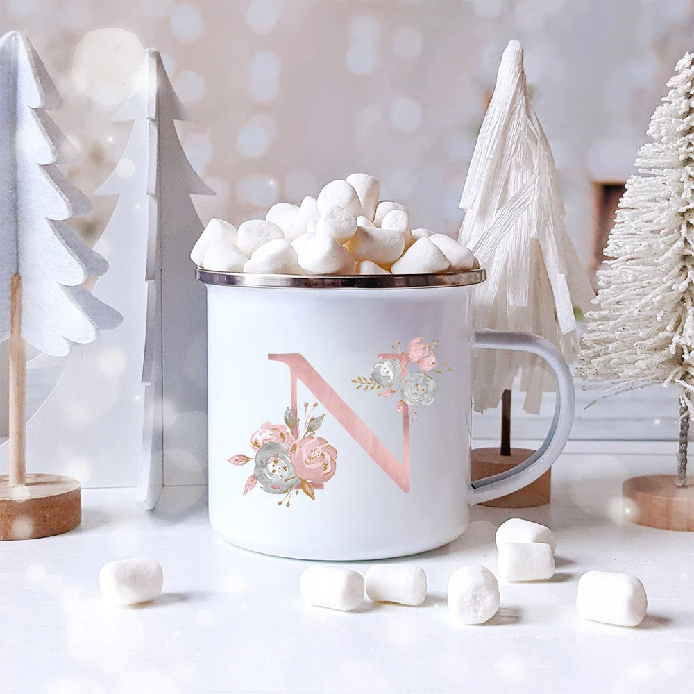 Pink Letter Flowers Enamel Coffee Mugs