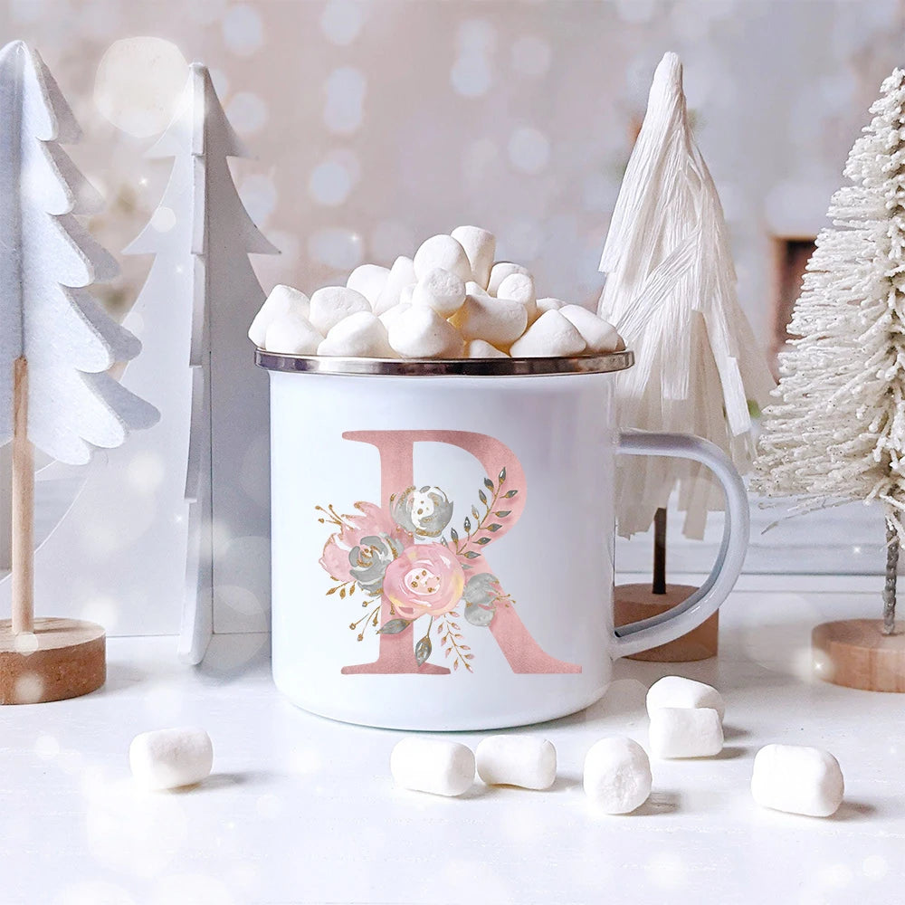 Pink Letter Flowers Enamel Coffee Mugs