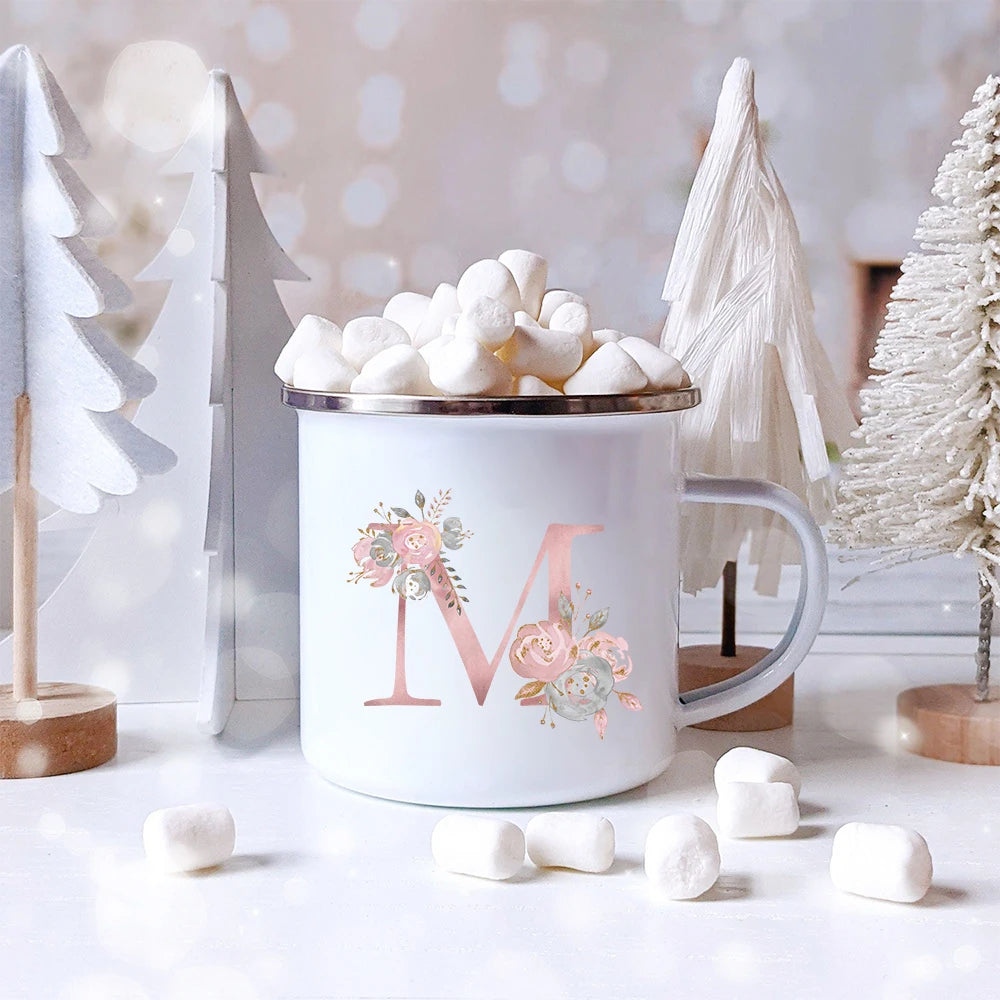 Pink Letter Flowers Enamel Coffee Mugs