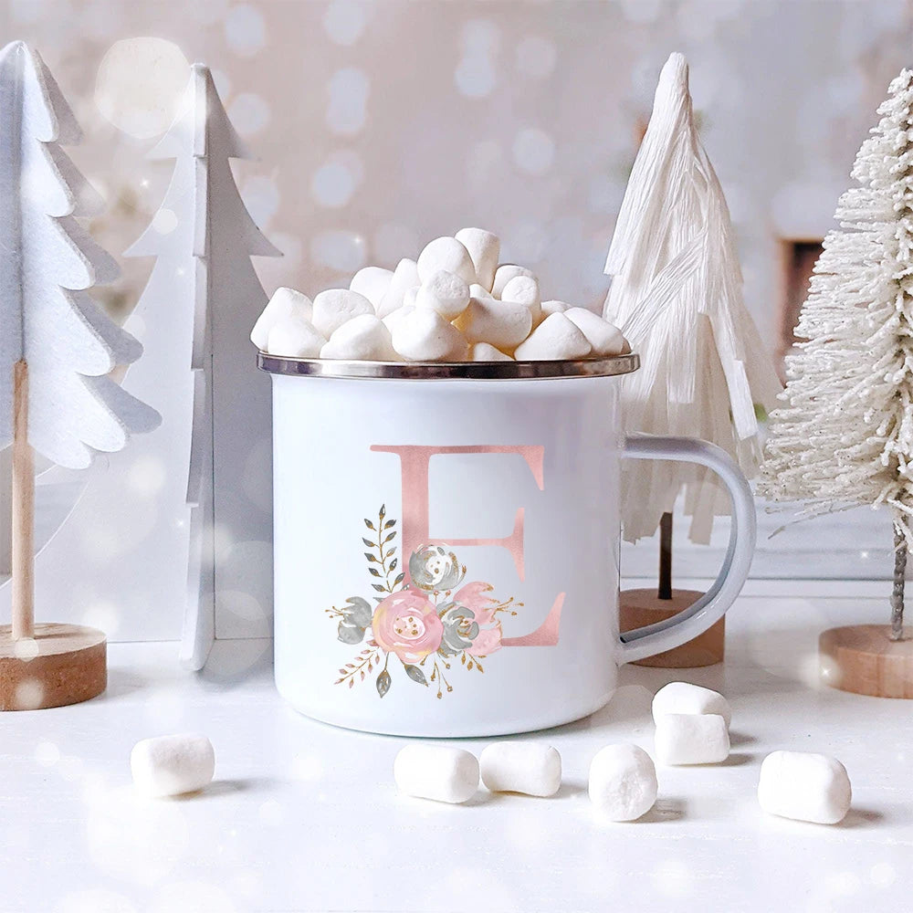 Pink Letter Flowers Enamel Coffee Mugs