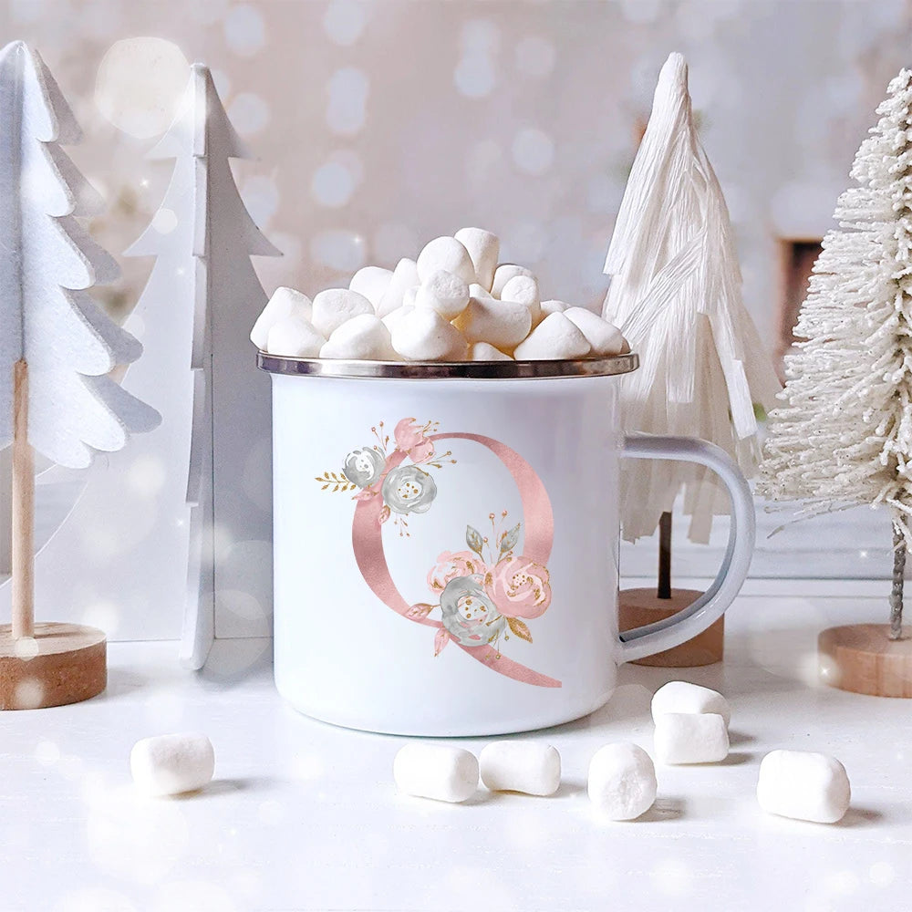 Pink Letter Flowers Enamel Coffee Mugs