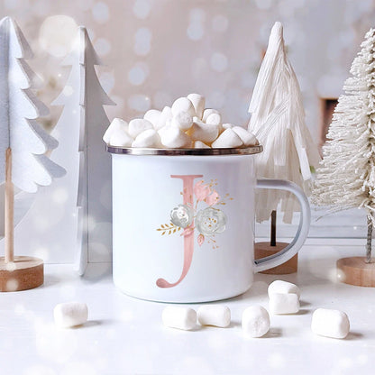 Pink Letter Flowers Enamel Coffee Mugs