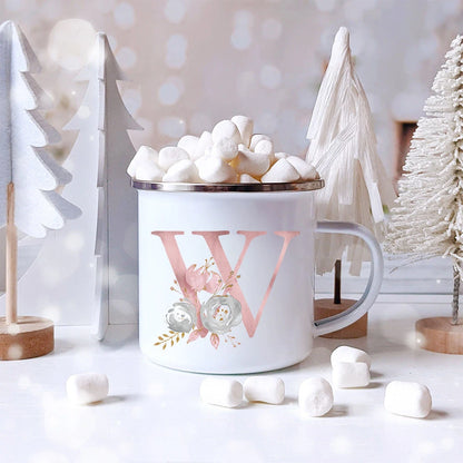 Pink Letter Flowers Enamel Coffee Mugs