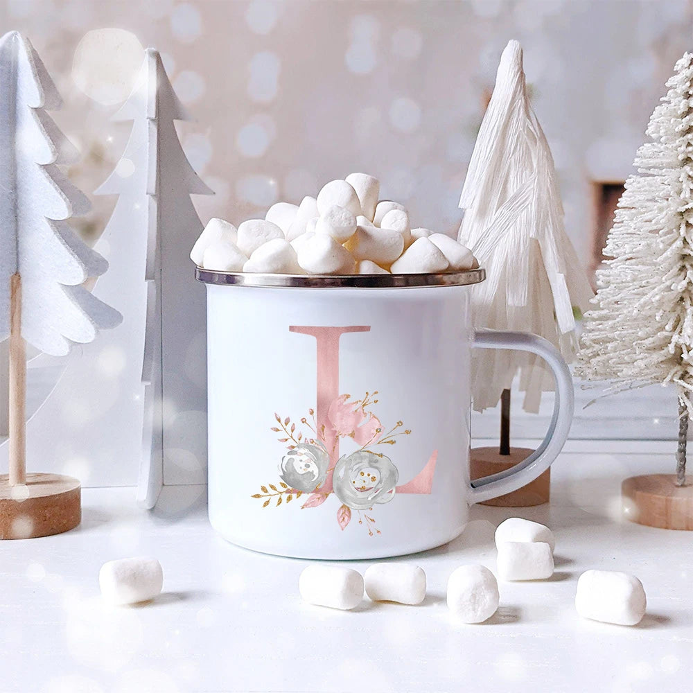 Pink Letter Flowers Enamel Coffee Mugs