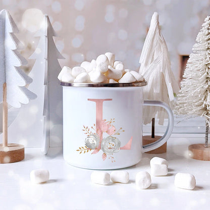 Pink Letter Flowers Enamel Coffee Mugs