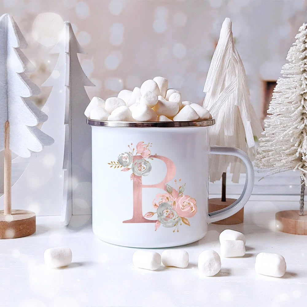 Pink Letter Flowers Enamel Coffee Mugs