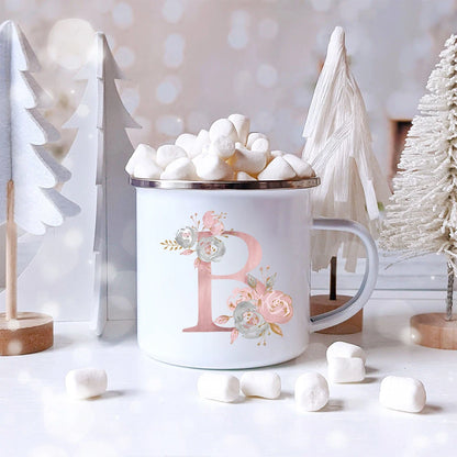 Pink Letter Flowers Enamel Coffee Mugs