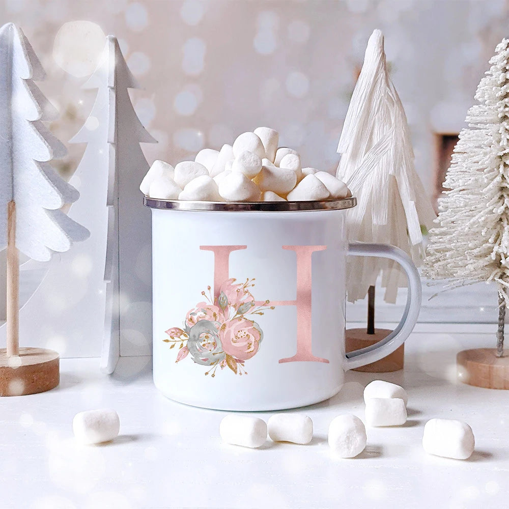 Pink Letter Flowers Enamel Coffee Mugs