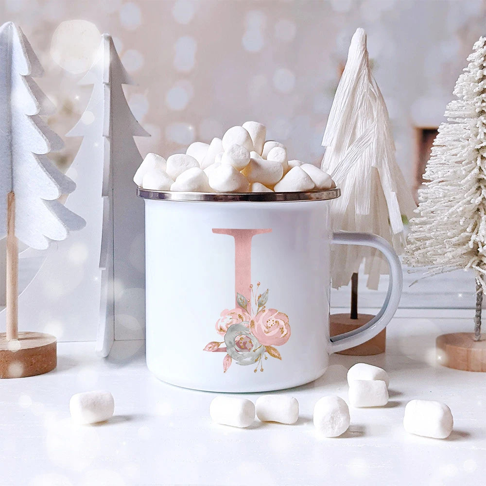 Pink Letter Flowers Enamel Coffee Mugs