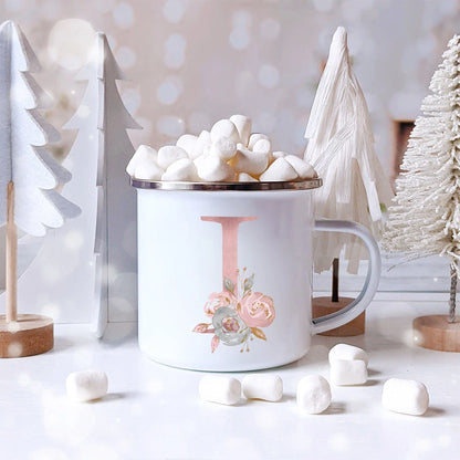 Pink Letter Flowers Enamel Coffee Mugs