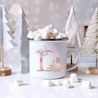 Pink Letter Flowers Enamel Coffee Mugs