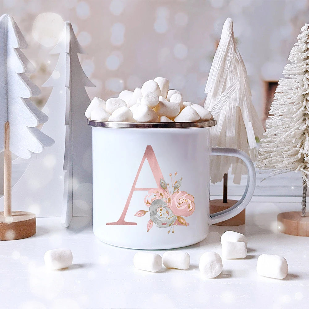 Pink Letter Flowers Enamel Coffee Mugs