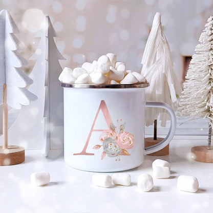 Pink Letter Flowers Enamel Coffee Mugs