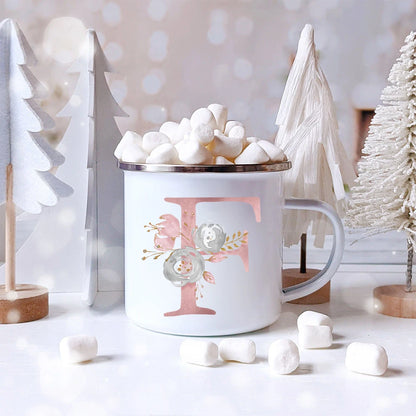 Pink Letter Flowers Enamel Coffee Mugs