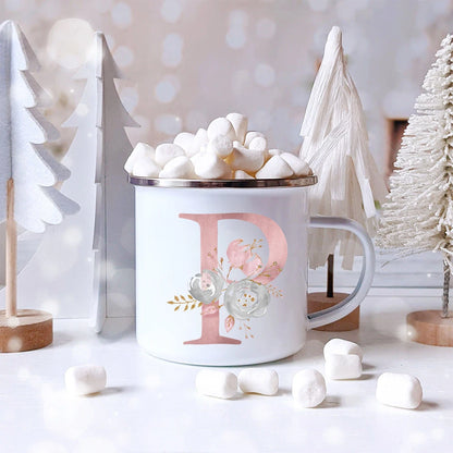 Pink Letter Flowers Enamel Coffee Mugs