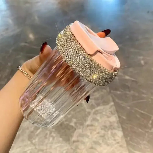 Bling Rhinestone Transparent Glass Cup With Lid Straw Coffee Mug 500ML Portable Water Bottle Milk Juice Drinkware Water Cup Gift