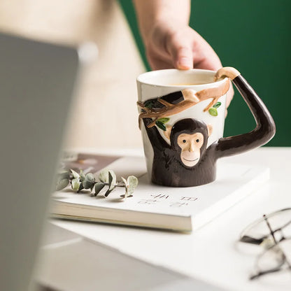 Funny Gibbon Underglaze Colored Mug,3D Monkey Visual Design Creative Ceramic Coffee Milk Cup,Handle Design Anti Scald Practical