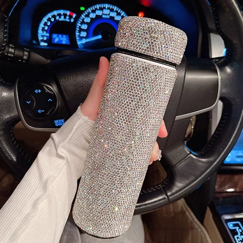 Bling Car Stainless Steel Water Bottle Crystal Diamond Vacuum Insulated Coffee Travell Mug Leakproof Bottle Auto Accessories