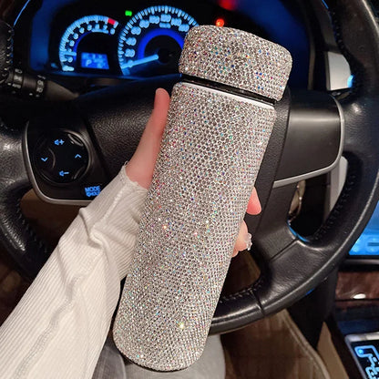 Bling Car Stainless Steel Water Bottle Crystal Diamond Vacuum Insulated Coffee Travell Mug Leakproof Bottle Auto Accessories
