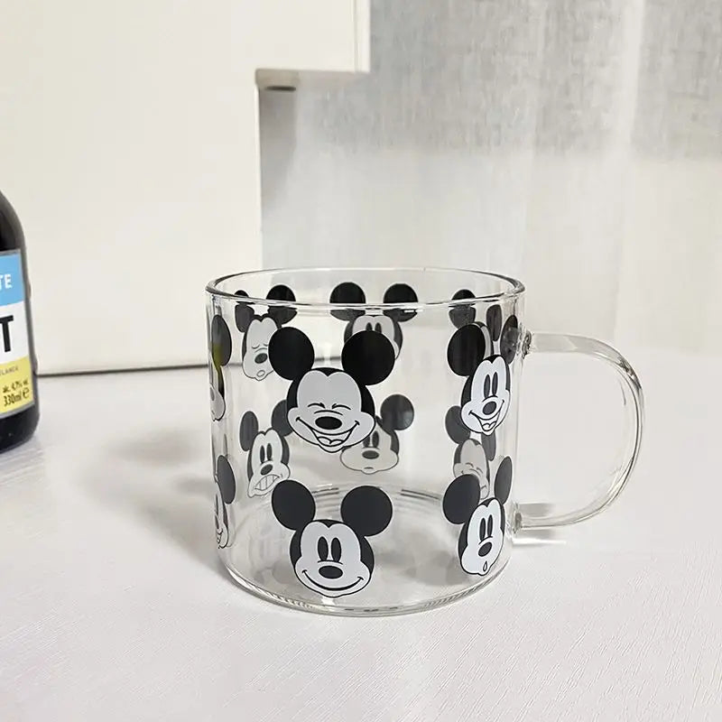 MINISO Korean ins style Mickey glass cup cute high temperature resistant with lid spoon milk water cup coffee mug