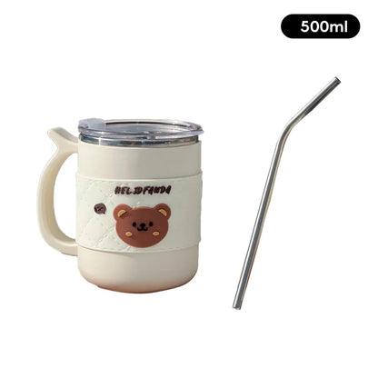 WORTHBUY 500Ml 304 Stainless Steel Coffee Mug With Straw Insulated Anti Scalding Water Cup Portable Double-Layer Drinking Cup