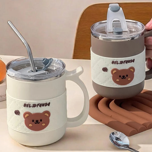 WORTHBUY 500Ml 304 Stainless Steel Coffee Mug With Straw Insulated Anti Scalding Water Cup Portable Double-Layer Drinking Cup