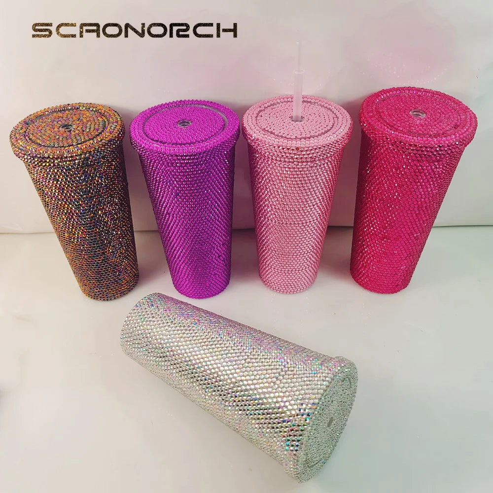 SCAONORCH Rhinestone Double Wall Plastic Tumbler With Lid and Straw Coffee Mug Cups Bling Diamand Large Capacity Water Bottle