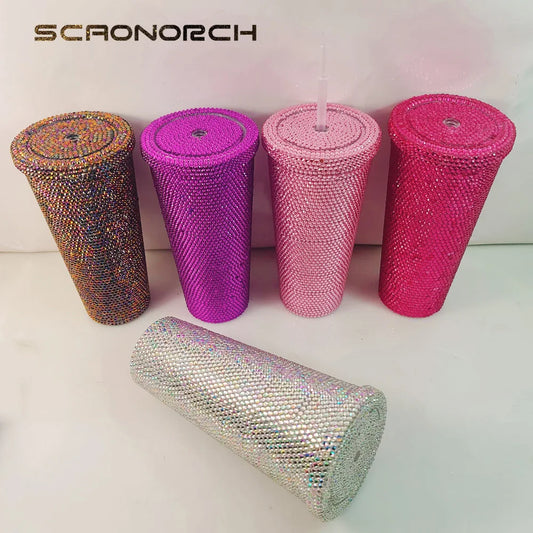SCAONORCH Rhinestone Double Wall Plastic Tumbler With Lid and Straw Coffee Mug Cups Bling Diamand Large Capacity Water Bottle