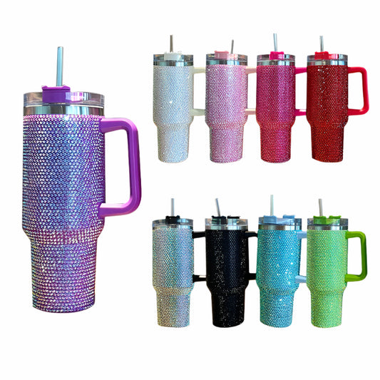 40oz Rhinestone Embellished Thermos Cup with Handle Tumbler Cup Coffee Insulated Bottle Car Vacuum Flasks Keep Cold And Ice