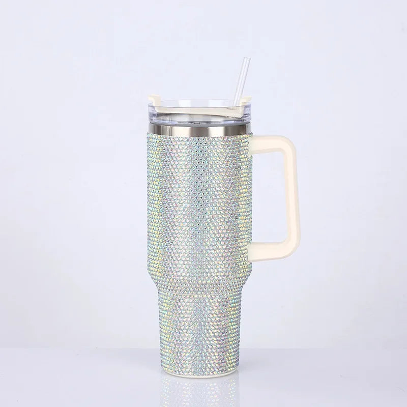 40oz Rhinestone Tumbler Stainless Steel Straw Women Cup Shiny Diamond Travel Car Thermoses Coffee Mug Water Bottle Drinkware