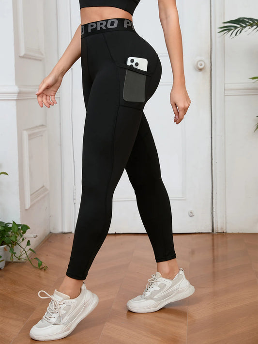 High Waist Yoga Leggings Women Letter Printing High Stretch Workout Running Pants With Side Pockets Casual Versatile Pants