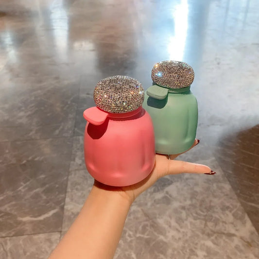 Mini Bling Diamond Stainless Steel Vacuum Flask With Hand Carry Cute Girl Student Thermal Coffee Mug Pocket Water Bottle 250ml