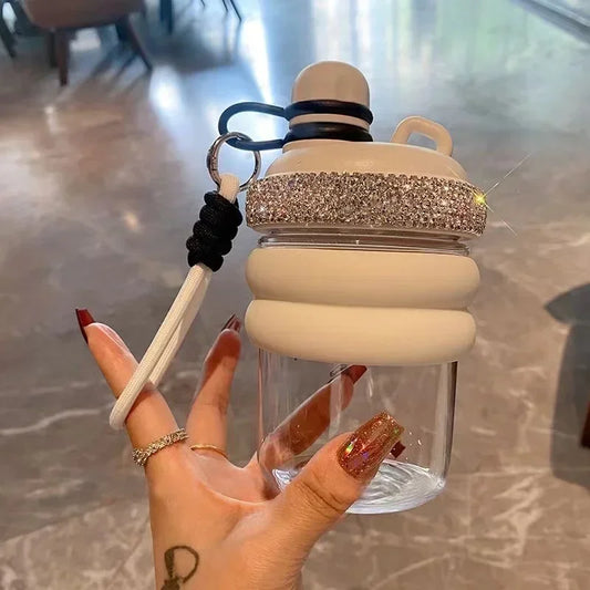 Portable Water Bottle Bling Rhinestone Lifting Rope Handheld Direct Drinking Coffee Mug Home Plastic Juice Beverage Cup 500ml