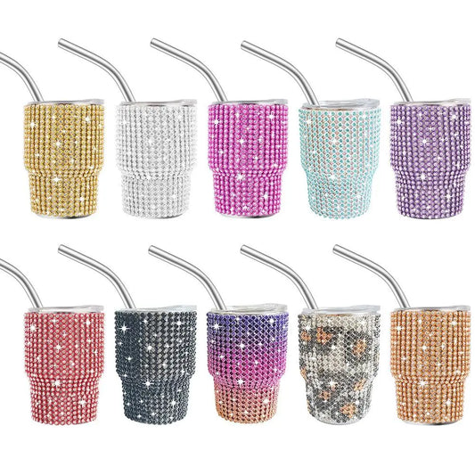 Bling Rhinestone Tumbler Shot Glass with Straw and Lid Cute Stainless Steel Double Wall Glitter Water Cup for Party Bar Travel C