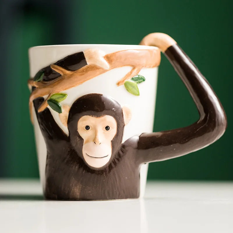 Funny Gibbon Underglaze Colored Mug,3D Monkey Visual Design Creative Ceramic Coffee Milk Cup,Handle Design Anti Scald Practical