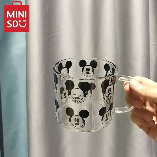 MINISO Korean ins style Mickey glass cup cute high temperature resistant with lid spoon milk water cup coffee mug