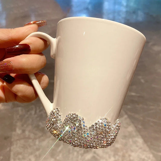 300ml Sparkling Rhinestone Ceramic Coffee Mug Handle Cup Coffee Cups Tumbler Tea Milk Mug Luxury Water Bottle Bling Lover's Gift