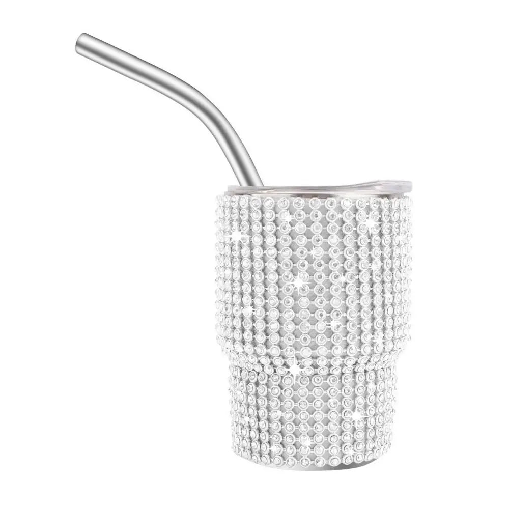 Bling Rhinestone Tumbler Shot Glass with Straw and Lid Cute Stainless Steel Double Wall Glitter Water Cup for Party Bar Travel C