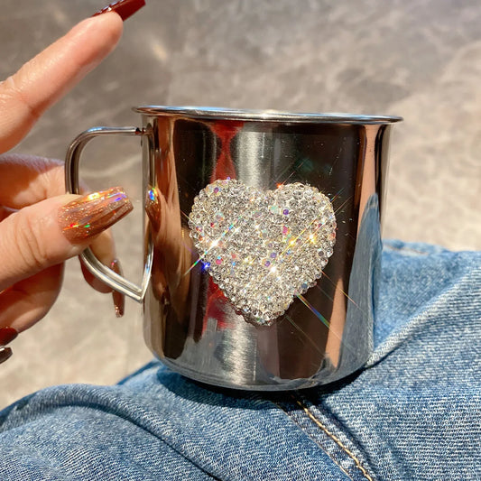 Bling Coffee Mug Rhinestone Heart Double Wall Stainless Steel Vacuum Cup 350ml Portable Travel Tumbler Milk Tea Cup Water Mugs